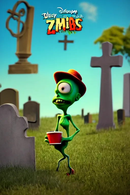 Image similar to a funny zombie character like plants vs zombies with big eyes holding a cup of coffee on a cemetery at night. pixar disney 4 k 3 d render movie oscar winning trending on artstation and behance. ratatouille style.