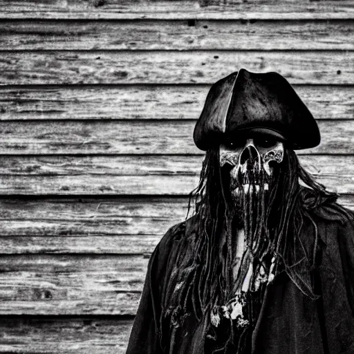 Prompt: scene of a dirty rugged old pirate lord wearing dirty old black hat, black coat and a worn and stained skull bone mask, long black beard and long black hair, dark scene with dim light, movie scene, depth of field