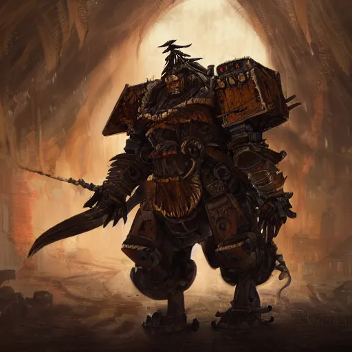 Prompt: portrait concept painting of a rampaging ashigaru mecha construct boar, destroying a small village fantasy painting, dungeons and dragons, magic the gathering art, of bamboo, laquer and steel, steampunk - inspired by brian froud and greg rutkowski and jessica rossier