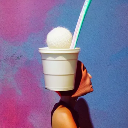 Image similar to three cups of yougurt jats next to a tennis racket, a stock photo by pia fries, trending on pinterest, lyco art, y 2 k aesthetic, vaporwave, aesthetic, side view