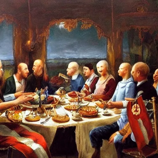 Prompt: beautiful painting of people sitting around a dinner table with the european flag draped over it n - 9