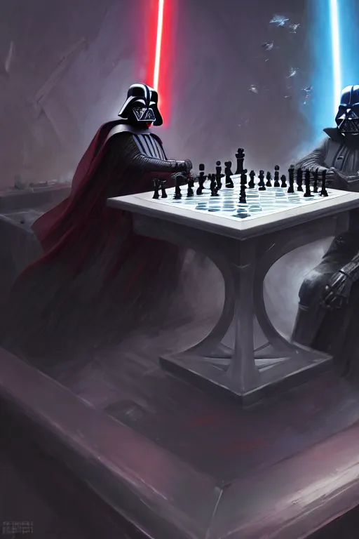 Image similar to darth vader playing chess against thanos on a marble table, extremely detailed digital painting, in the style of fenghua zhong and ruan jia and jeremy lipking and peter mohrbacher, mystical colors, rim light, beautiful lighting, 8 k, stunning scene, raytracing, octane, trending on artstation
