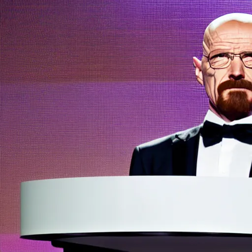 Image similar to walter white doing a ted talk, wide shot, high resolution, editorial