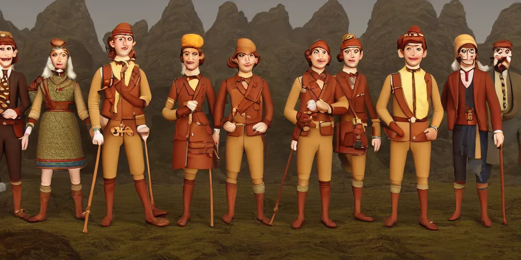 Image similar to A group of 5 adventurers lined up for a group portrait directed by Wes Anderson, Chest high, RPG portrait, Regal, Formal, Symmetrical, dynamic lighting, Highly Detailed, Cinematic Lighting, 8k, HD