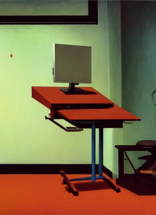 Image similar to A desk holding a computer monitor mouse monitor and keyboard with the tower sitting on the floor, Edward Hopper and James Gilleard, Zdzislaw Beksinski, Mark Ryden, Wolfgang Lettl highly detailed