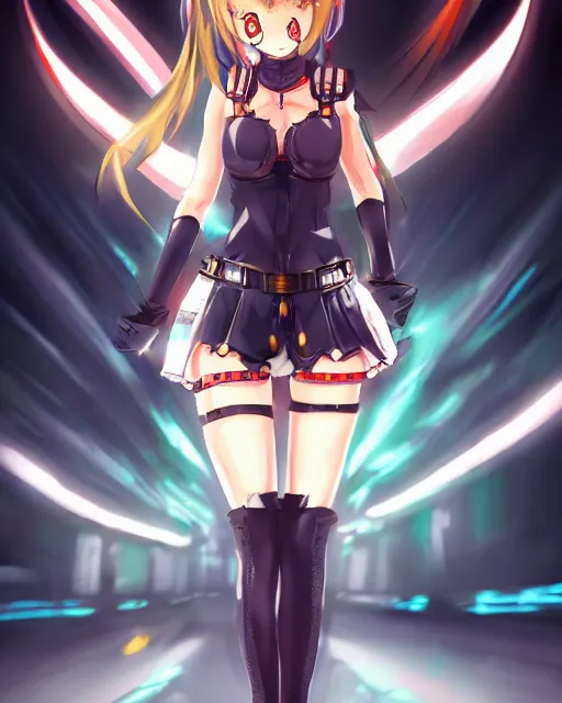 Image similar to full body portrait of anime girl in mechanic armor in night tokyo by makoto sinkai, perfect face, fine faces, fine anime face, fine details