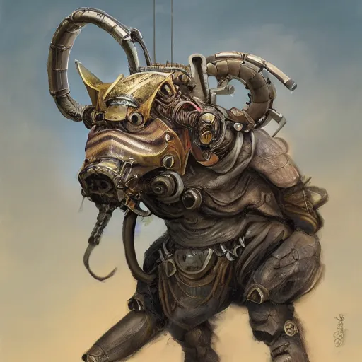 Image similar to portrait concept painting of a rampaging ashigaru mecha boar, warthog. fantasy painting, dungeons and dragons, magic the gathering art, of bamboo, laquer and steel, steampunk - inspired by brian froud and greg rutkowski and jessica rossier