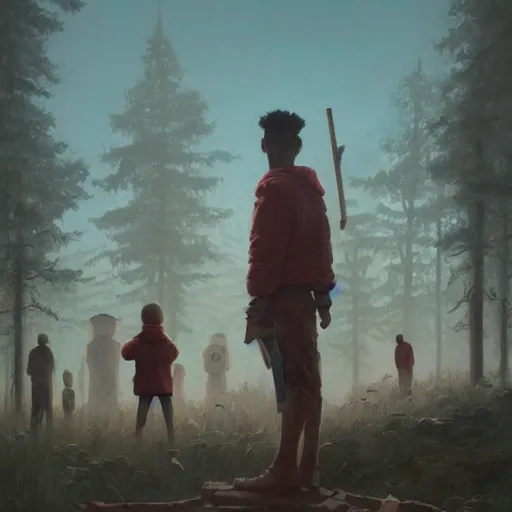 Prompt: giant 2 1 savage standing over tiny humans by simon stalenhag, atmospheric haze, children below look up, misty evening, sci fi digital painting, unreal engine 5, photorealism, hd quality, 8 k resolution, cinema 4 d, 3 d, cinematic, professional photography, art by artgerm and greg rutkowski and alphonse mucha and loish and wlop