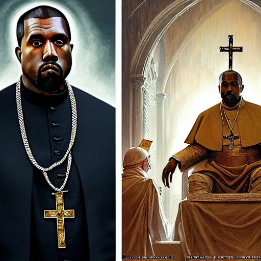 Image similar to kanye west as the pope, ultra realistic, concept art, intricate details, highly detailed by greg rutkowski, gaston bussiere, craig mullins, simon bisley