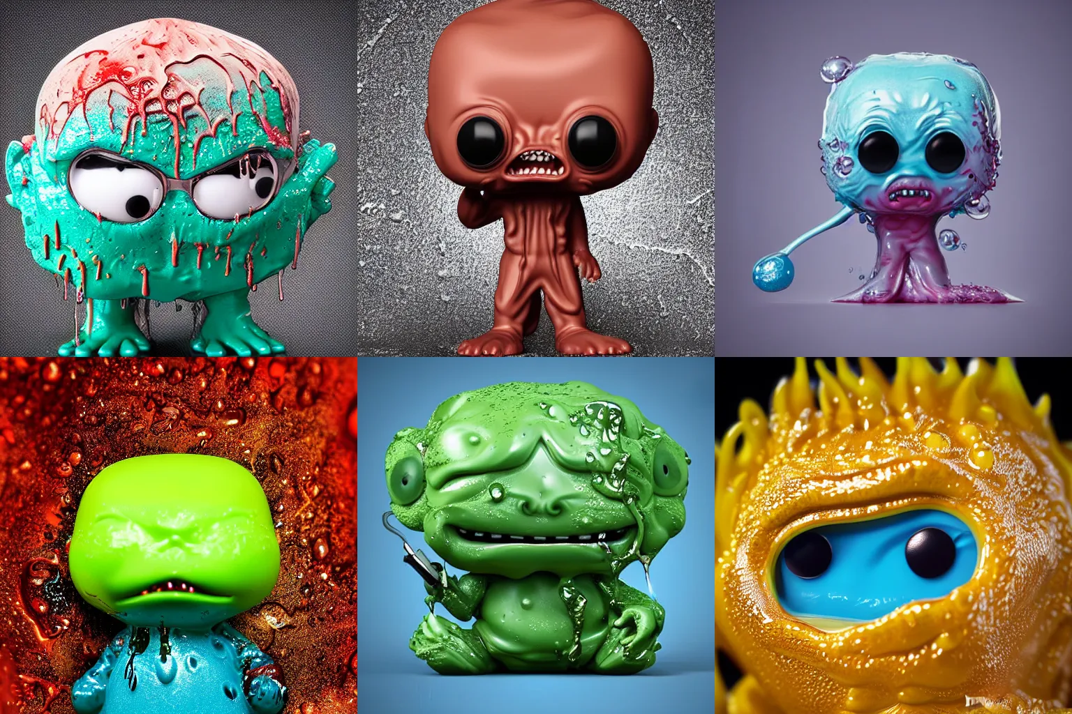Prompt: insanely detailed simplistic funny splashy glossy melted funko pop reaction diffusion screaming, drops, drips, beautiful cute, cute melting miniature resine action figure, High detail photography, 8K, 3d fractals, cute pictoplasma, one simple ceramic tintoy melting plastic, melting, melting swampmonster wrinkled face Figure sculpture, goggle eyes, 3d primitives, in a Studio hollow, by pixar, by chris mars, by jason edmiston, cgsociety, cgsociety, cgsociety, houdini, zbrush, artstation, simulationby greg rutkowski, by craig mullins