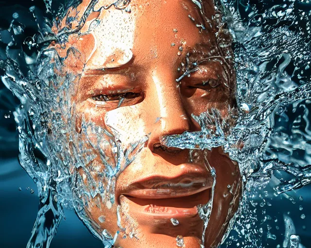 Image similar to water art manipulation of a realistic human head coming out of the ground, surreal, hyper realistic, ray tracing, realistic water, sharp focus, 8 k resolution, cinematic