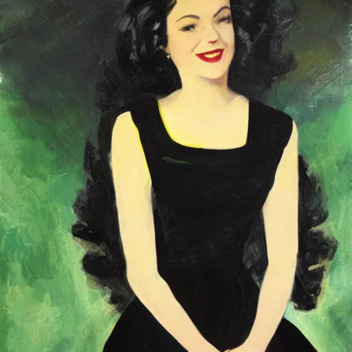 Image similar to a portrait of a young woman from the fifties, seated in front of a landscape background, her black hair is a long curly, she wears a dark green dress, pleated in the front with yellow sleeves, puts her right hand on her left hand, and smiles slightly, oil painting