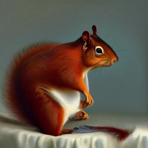 Image similar to oil painting of a muscular squirrel ripping its shirt off, 8 k, high quality