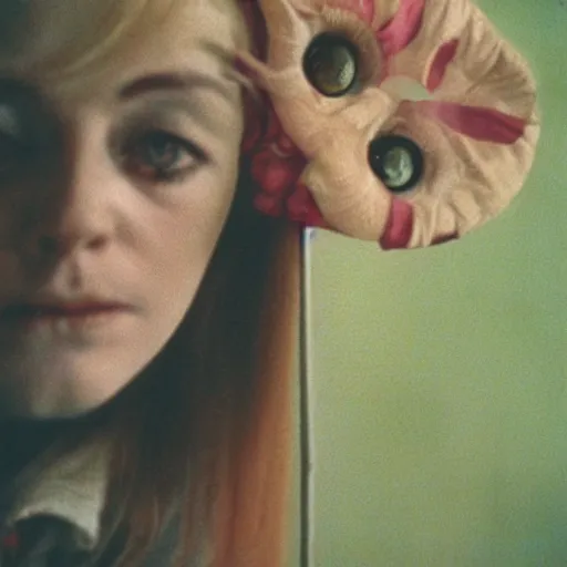 Image similar to beautiful woman with a long dangly nose, with extra eyeballs, in the countryside 1974 arthouse film, archival footage, technicolor film expired film