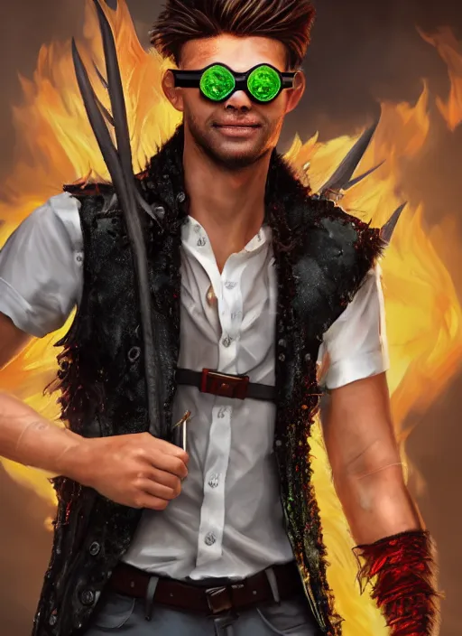 Image similar to An epic fantasy comic book style portrait painting of young man with red spiked long hair, using googles. Wearing a black waistcoat, white shirt. Fire on his hands. Unreal 5, DAZ, hyperrealistic, octane render, cosplay, RPG portrait, dynamic lighting