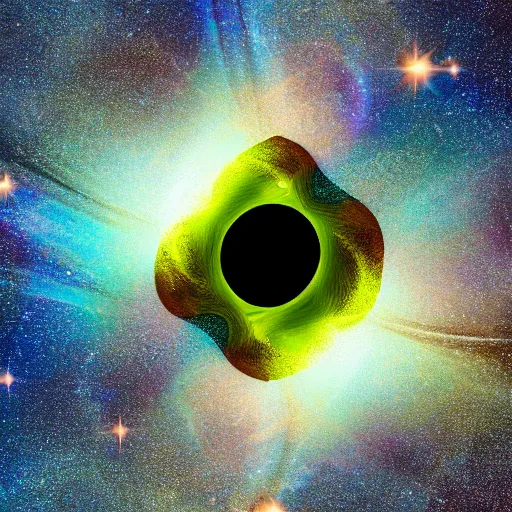 Image similar to abstract artwork of a black hole inside a golden dodecahedron, a blue and green nebula in background