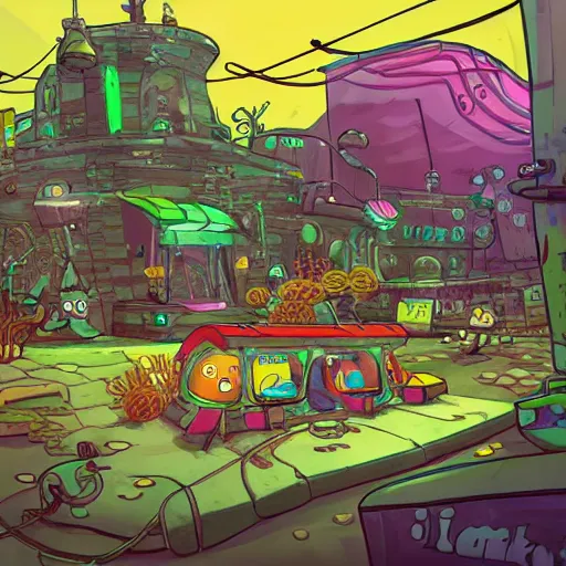 Image similar to bikini bottom drawn by stephen hillenburg, dynamic lighting, fantasy concept art, trending on art station, stunning visuals, creative, cinematic, ultra detailed