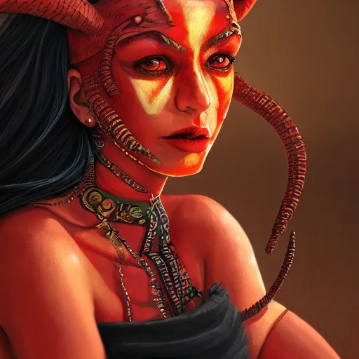 Prompt: portrait of a berber tiefling woman with red skin, devil horns and black hair in a desert, half body, single subject, ambient lighting, highly detailed, digital painting, trending on pixiv fanbox, studio ghibli, extremely high quality artwork, art by ross tran and artgerm and makoto shinkai