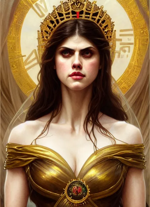 Image similar to alexandra daddario as queen, incredibly detailed face, light half opened dress, true anatomy, art by artgerm and greg rutkowski and alphonse mucha