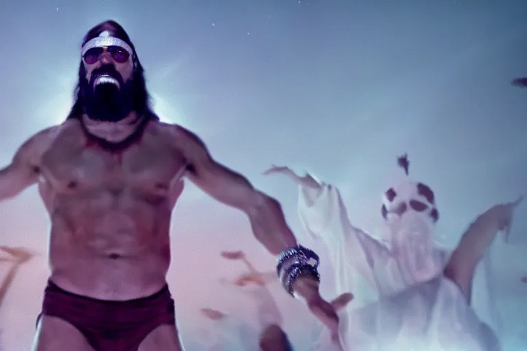 Image similar to ouja board summoning the ghost of macho man randy savage, movie still, cinematic lighting, 8 k