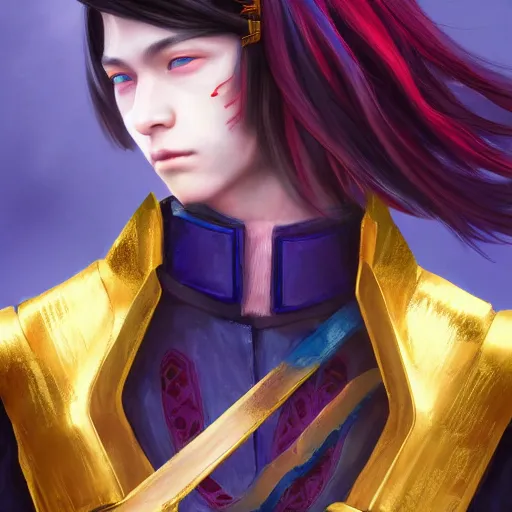 Image similar to colorful and Festive Captivating teenager boy with straight indigo japanese hair, purple eyes, red eye markers, wearing japanese traditional combat clothes with golden armor pieces. rich vivid colors, ambient lighting, dynamic lighting, 4k, atmospheric lighting, painted, intricate, highly detailed by Charlie Bowater