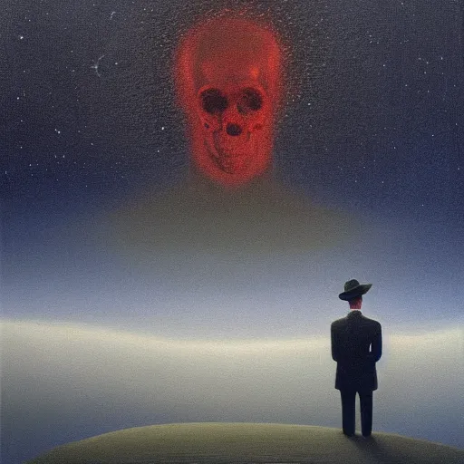 Image similar to a portrait of a man in a suit, his head is a skull, it is night and the sky is covered in stars, dramatic and cinematic lights, in the style of zdzislaw beksinski, in the style of edward hopper, 4 k,