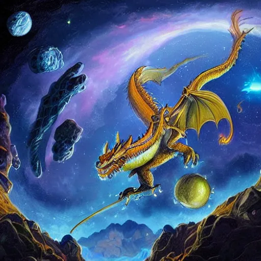 Image similar to A beautiful illustration of a dragon in space by Justin Gerard. The dragon is in the foreground with its mouth open, revealing rows of sharp teeth. Its body is coiled and ready to strike, and its tail is wrapped around a star in the background. The colors are bright and the background is full of stars and galaxies. The overall effect is one of chaotic energy and movement. metaphysical painting by Pete Turner realistic, ornate