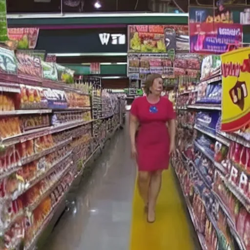 Image similar to A still of an episode of Super Market Sweep where angry wolves burst into the aisles.