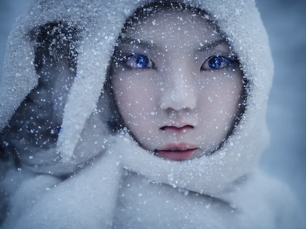 Prompt: the piercing stare of yuki onna, snowstorm, blizzard, mountain snow, canon eos r 6, bokeh, outline glow, asymmetric unnatural beauty, little smile, billowing cape, blue skin, centered, rule of thirds