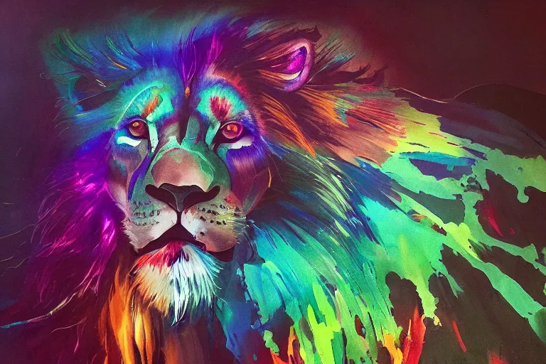 Image similar to ink acid shadow lion, painted by erol otus and david thierree and dan adkins and john berkey, trending on artstation, volumetric lighting macro view muted colors, iridescent colors, dark academia, symbolism, brushwork