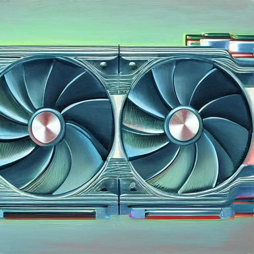 Image similar to a painting by Wayne Thiebaud of a high end Nvidia GPU RTX, cooling, high specs, ethereal!!!!!!!, by Wayne Thiebaud, neon gradient, highly detailed GPU