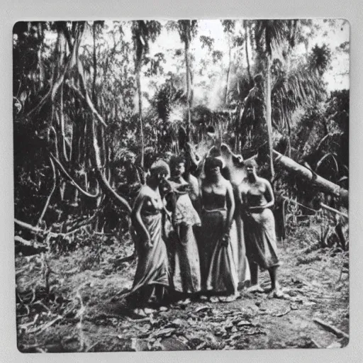 Prompt: a group of people in a witchcraft ritual on an abandoned mad house in the Colombian jungle, mist, 1910 polaroid photography, grainy film, Black and white