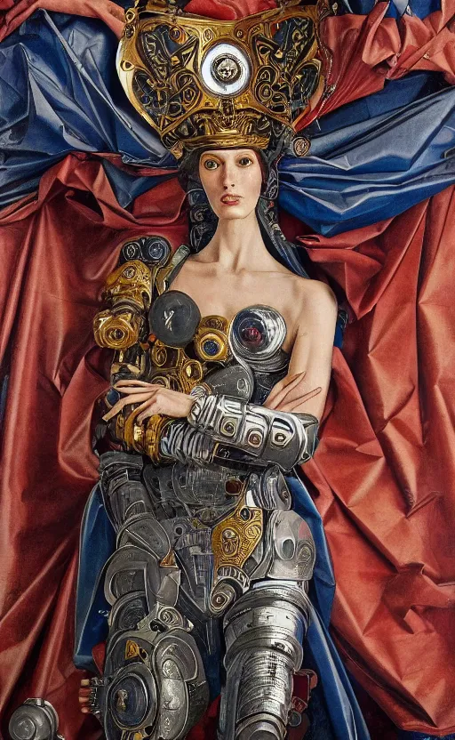 Prompt: beautifully painted mural of a cyborg king in ornate royal fabric, piercing glowing eyes, sci fi scenery, vogue cover poses, mural in the style of sandro botticelli, caravaggio, albrecth durer