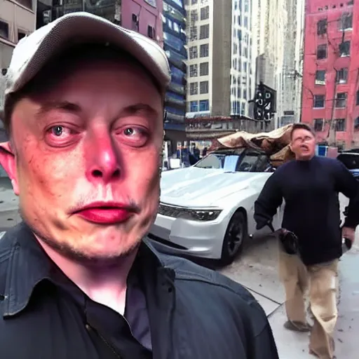 Image similar to bodycam footage of a homeless elon musk going crazy and scamming people, new york streets, wide angle, fisheye, uhd, 4 8 0 p, bodycam, paparazzi, bad quality, pov