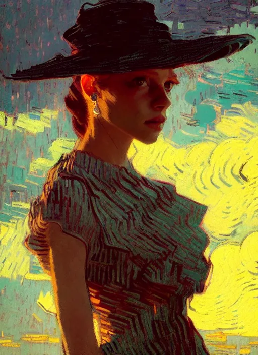 Image similar to portrait of a beautiful girl, new york backdrop, sad, sunset shades, beautiful face, rule of thirds, intricate outfit, spotlight, by greg rutkowski, by jeremy mann, by francoise nielly, by van gogh, digital painting