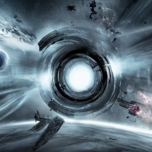 Prompt: movie still of a black hole destroying the city, part of buildings flying into the black hole, post apocalypse, epic art, highly detailed 4 k