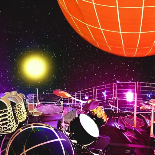 Prompt: glowing sphere, surrounded by steel bands, in space