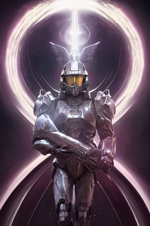 Image similar to portrait of master chief as a one winged angel with a halo behind her, catholic religious art, ornate fractal cloud, sacred, nebula, halo, strong, seductive, imposing, biomechanical, biblical, by moebius and greg rutkowski and artgerm, octane render, trending on artstation