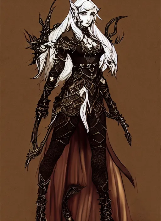 Image similar to Full body portrait of a lively young beautiful elven female in ornate rogue attire. In style of Yoji Shinkawa and Hyung-tae Kim, trending on ArtStation, dark fantasy, great composition, concept art, highly detailed, dynamic pose.