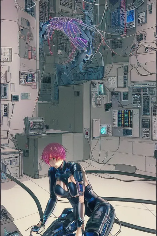 Image similar to hypedetailed cyberpunk illustration of motoko kusanagi seated on her knees in a tech lab, with wires and cables coming out of her head and back, by masamune shirow and katsuhiro otomo, colorful, complex, back view