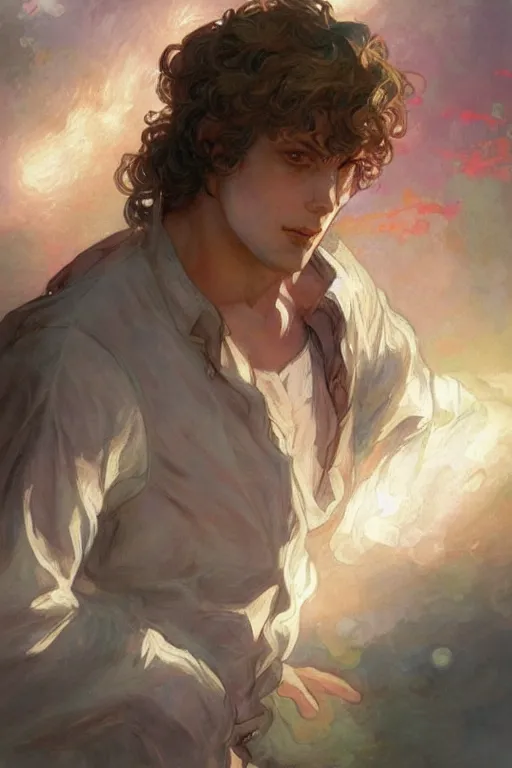 Image similar to enjolras, les miserables, ray of light, shimmering and prismatic, rococo, by krenz cushart and mucha and monet, trending on artstation.