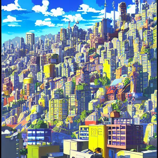 Image similar to futuristic city on a mountainside, red - yellow - blue buildings, city, city on mountainside, clouds around buildings, cel - shaded, raytracing, cel - shading, toon - shading, 2 0 0 1 anime, flcl, jet set radio future, drawn by artgerm