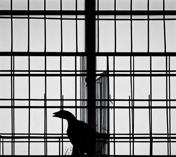 Prompt: Joachim Brohm photo of 'canada goose perched behind jail bars', high contrast, high exposure photo, monochrome, grainy, close up