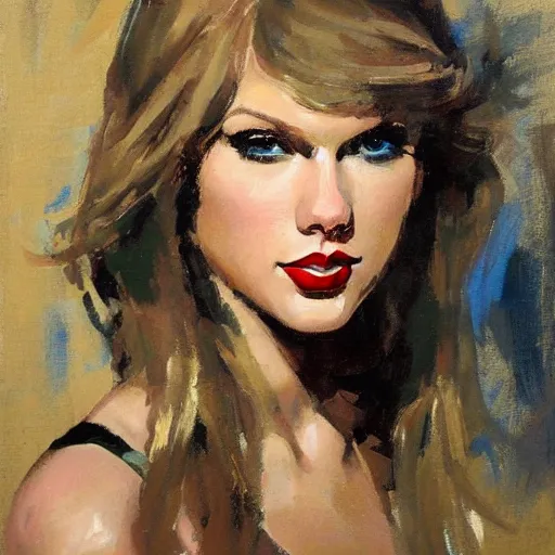 Image similar to romantic painted portrait of taylor swift by gregory manchess, james gurney, jeffrey catherine jones