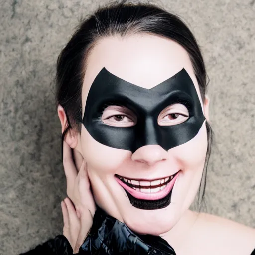 Image similar to dark eerie woman holding a realistic mask partially covering her wicked grin