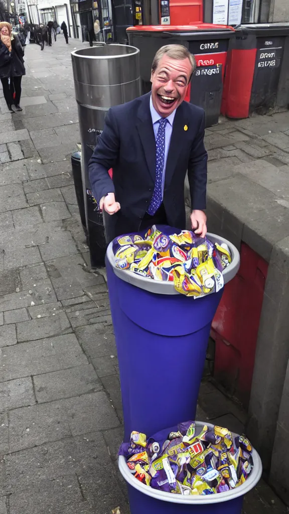 Prompt: nigel farage laughing maniacally whilst standing inside a bin on the street