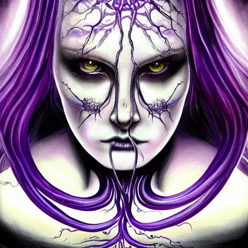 Image similar to Elden Ring themed painting of majestic chromatic purple-eyed girl with thin purple tentacles on her head beautiful ethereal angel symmetrical neutral black metal closeup face tattoo pattern golden ratio concept, Neo-Gothic concept, infinity glyph waves, intricate artwork masterpiece, very coherent artwork, cinematic, full frontal facial features by Artgerm, art by H.R. Giger, Joseph Michael Linsner, Zdizslaw Beksinski, Johnatan Wayshak, Moebius, Ayami Kojima, very anatomically coherent artwork, trending on cgsociety, ultra high quality model, production quality cinema model, high detail chromatic ink outline, octane render, unreal engine 8k, hyper realism, high detail, octane render, unreal engine, 8k, High contrast