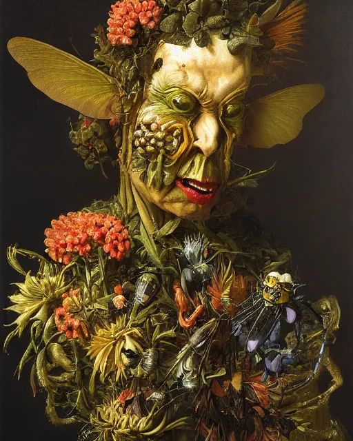 Prompt: oil painting portrait of a mutant man with a strange disturbing face made of flowers and insects by otto marseus van schriek rachel ruysch christian rex van minnen dutch golden age