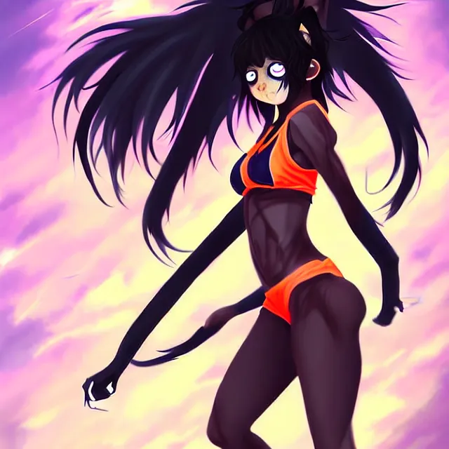 Prompt: an athletic anime wolfgirl girl with claws, dark charcoal skin, shaggy black hair and glowing orange eyes, digital art, pixiv, gorgeous, breathtaking fantasy art, masterpiece.