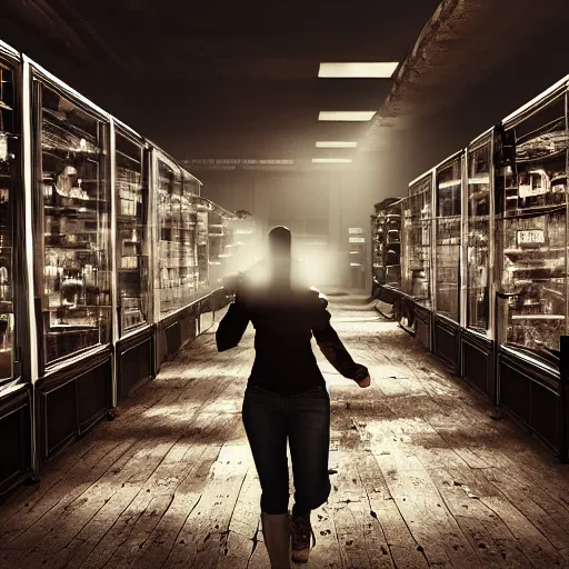 Prompt: woman holding a flashlight running through the interior of a furniture store, rows of refrigerators and stoves, cinematic lighting, night, terrifying, scp 3008, landscape, fog, artstation